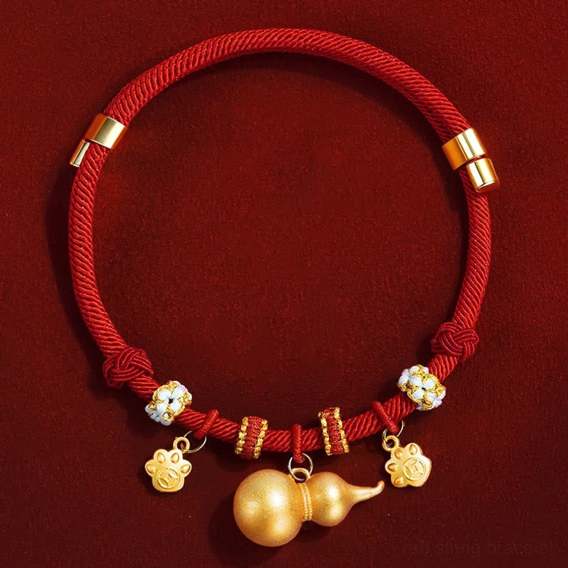Decorative red string pet collar with floral beads gold gourd and blessing pendants three quarter view