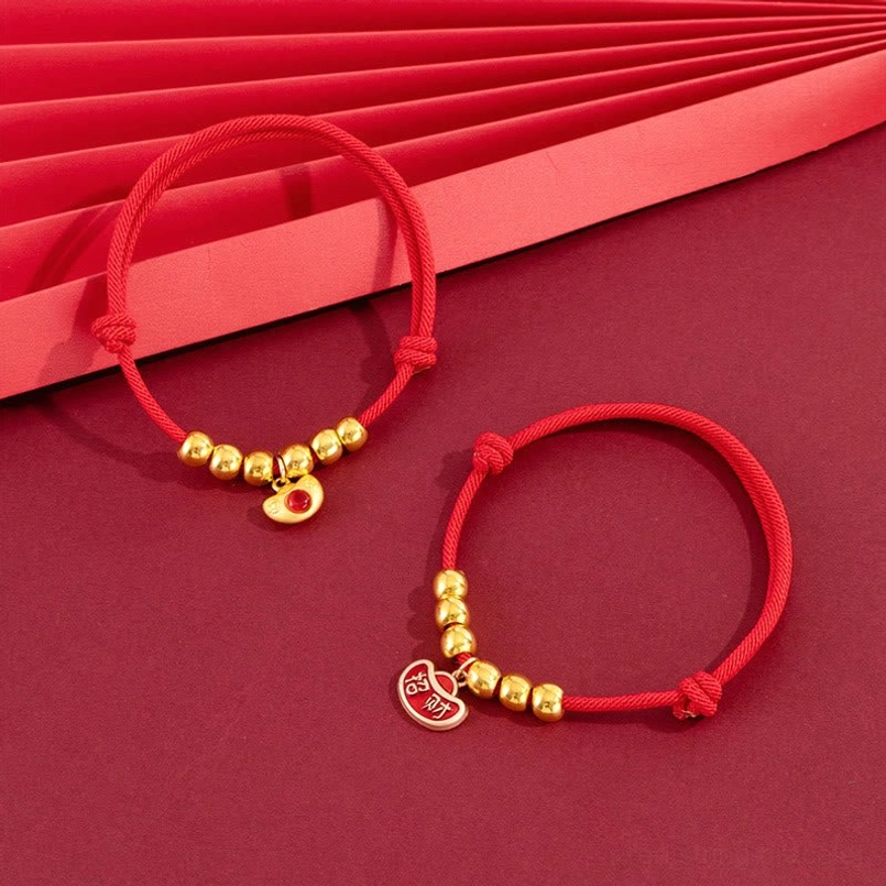 Red string adjustable pet collar with fu character blessing charm, gold beads and sliding knot