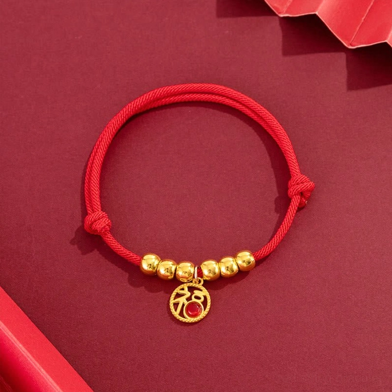 Adjustable red string pet collar with hollow fu character gold charm and gold beads