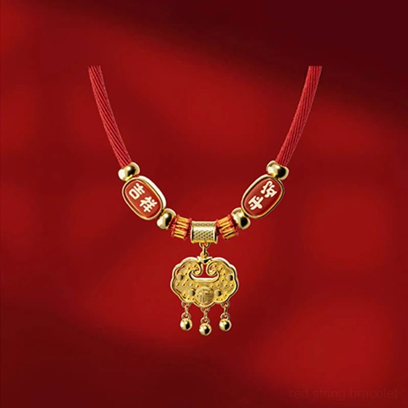 Chinese lucky pet collar red woven cord with gold word beads and hollow gold lock pendant