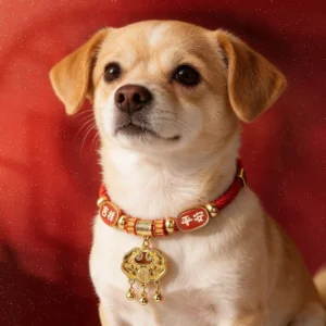 Lucky red string pet collar with gold fu character and longevity lock charm for dogs and cats