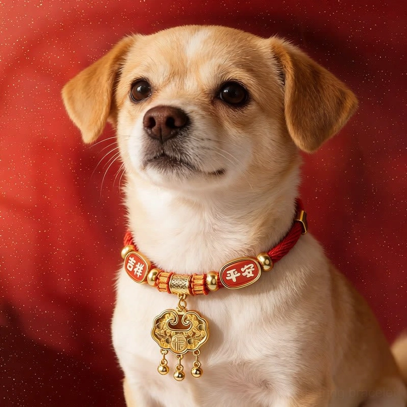 Lucky red string pet collar with gold fu character and longevity lock charm for dogs and cats