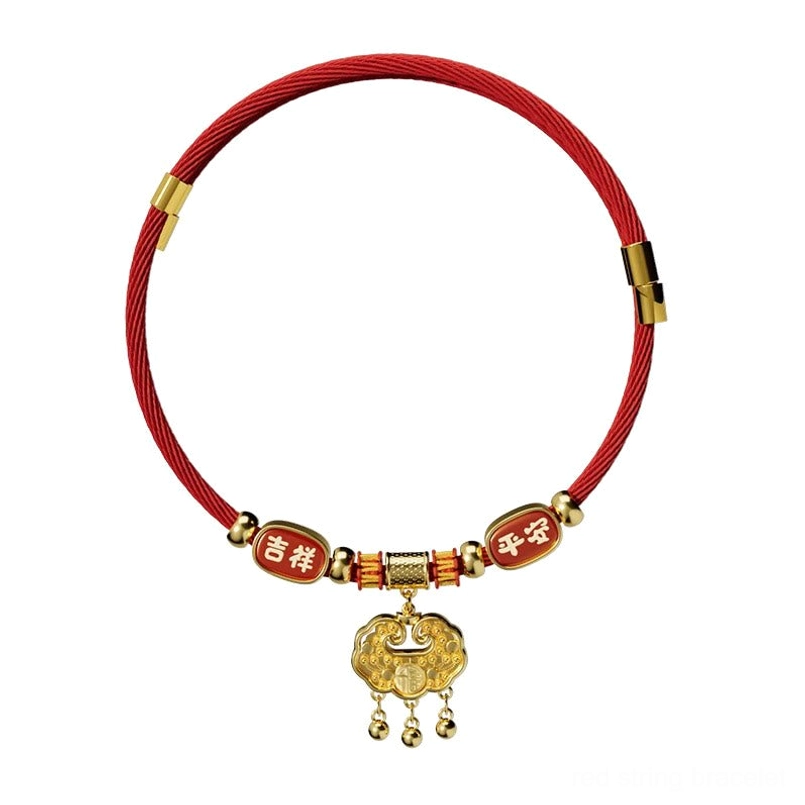 Red woven cord pet collar with gold accents 吉祥 平安 charms and golden longevity lock side angle