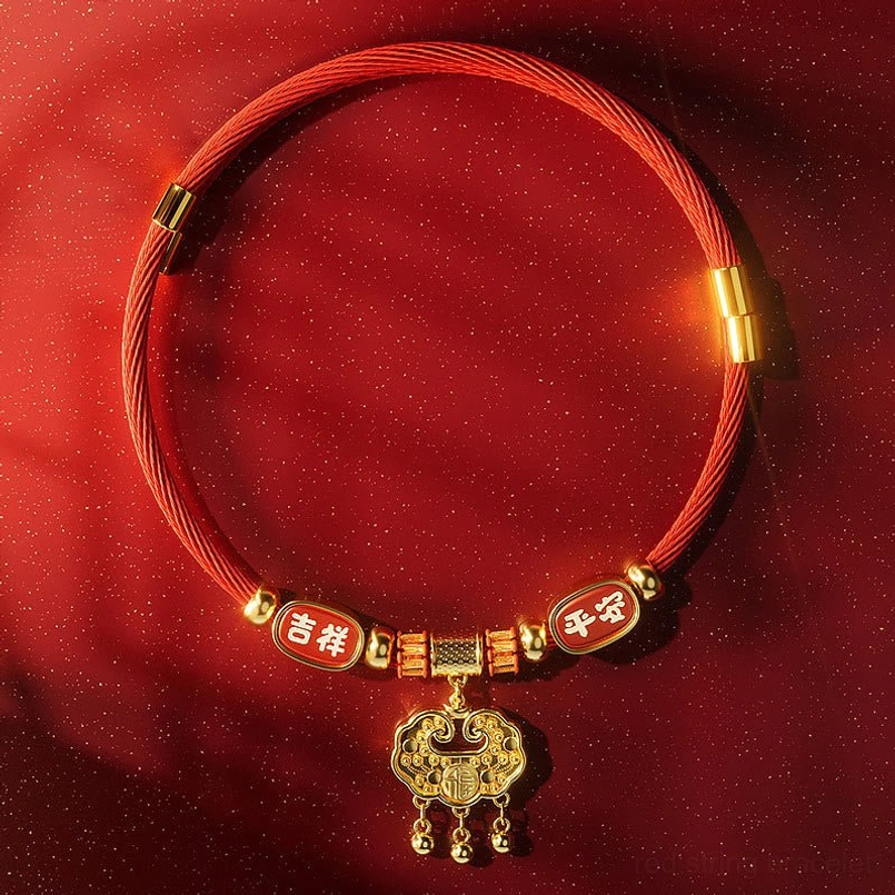 Handmade red cord pet collar with 吉祥 平安 beads and hollow gold longevity lock pendant flat lay
