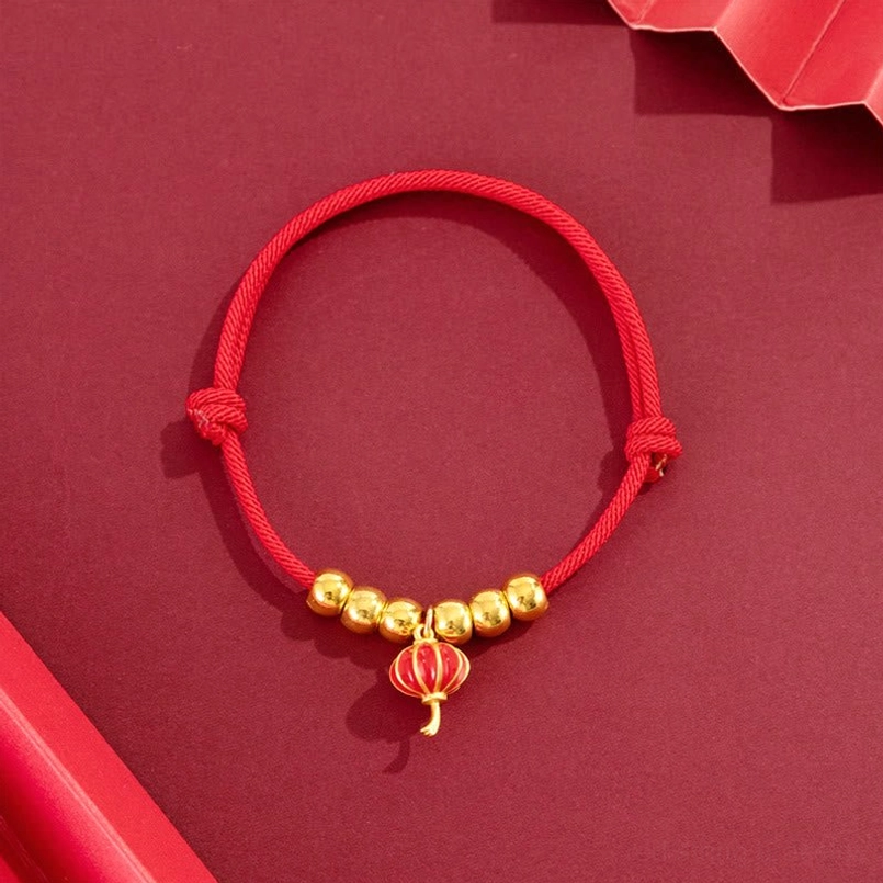 Red string pet collar with lantern pattern charm design, handcrafted adjustable sliding knot closure