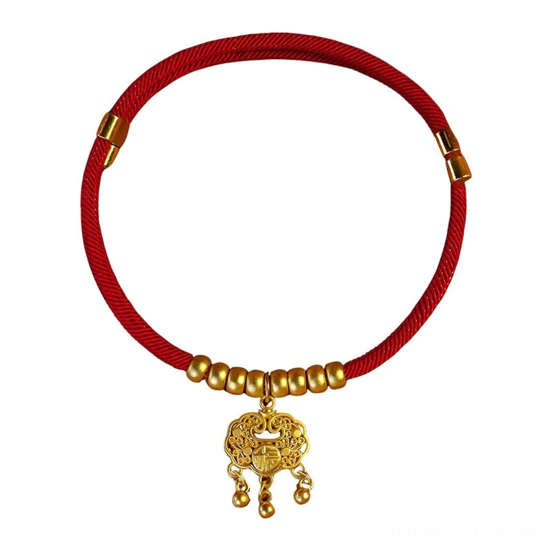 Adjustable red string pet collar with hollow lock pendant and gold side adjusters