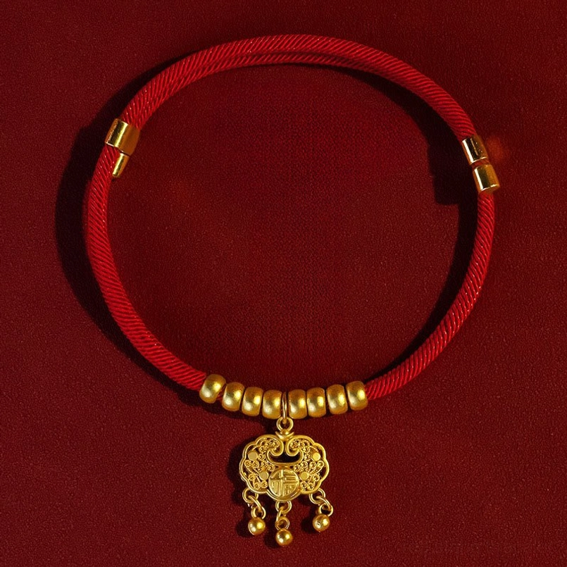 Red pet collar with longevity lock pendant charm and gold beads, blessed protection design