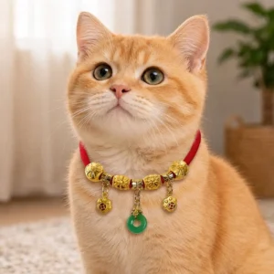 Red string pet collar with gold peace buckle charm on tabby cat, festive home setting