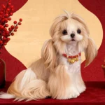 Sacred red string pet collar with gold gourd pendant worn by small dog, festive new year themed styling