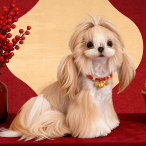 Sacred red string pet collar with gold gourd pendant worn by small dog, festive new year themed styling