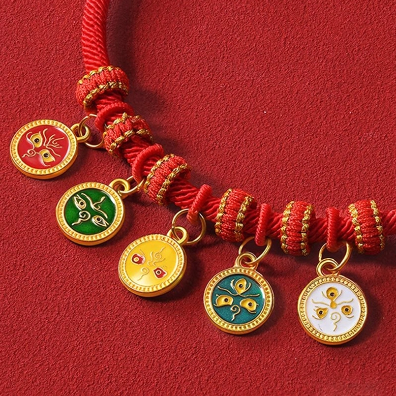 Adjustable red woven string pet collar with protective charm pendants and beads