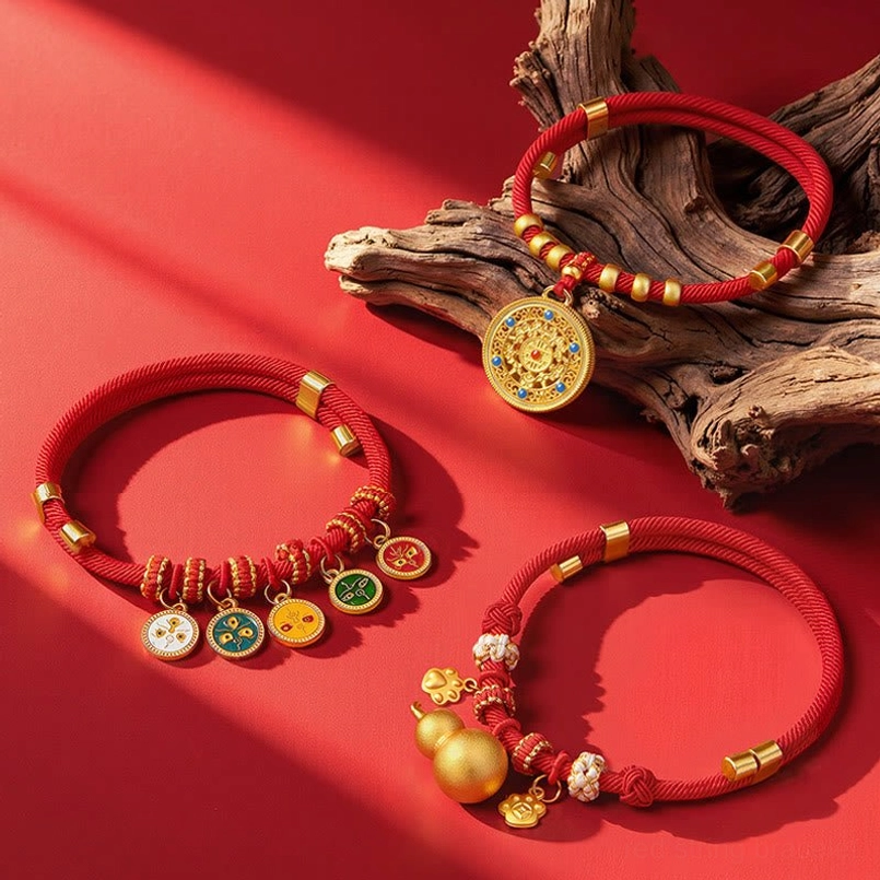 Sacred red rope pet collar with blessing pendants and decorative gold beads for cats dogs