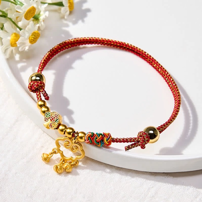 Red string pet protective collar with fu character charm and gold embellishments