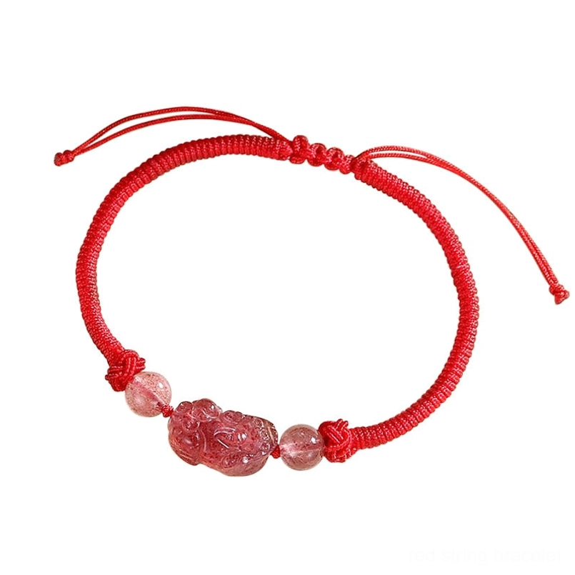 Red pixiu braided bracelet with strawberry quartz charm and round beads love healing