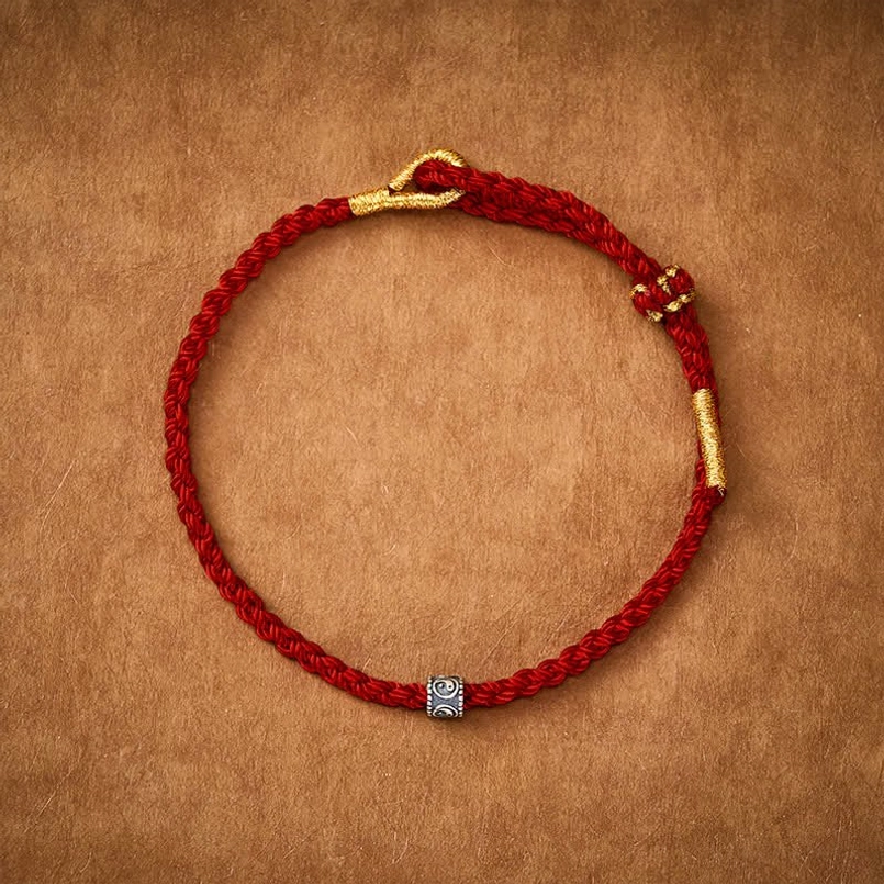 Red woven cord bracelet with adjustable gold metal fastener and Yin Yang pendant