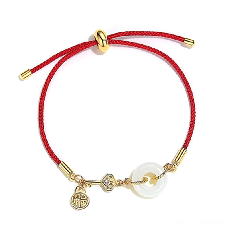 Red string protection bracelet with jade peace buckle and blessed good fortune charm