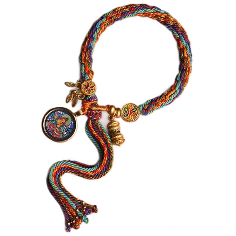 Colorful Tibetan red string bracelet with adjustable metal buckle and tassel ends