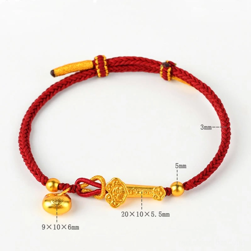 Red string Ruyi lucky bracelet with size dimensions marked and gold charms