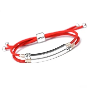 925 Sterling Silver Red String Braided Bracelet with dual polished silver bars and adjustable sliding clasp on white background