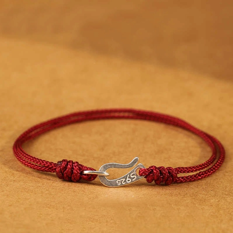 925 sterling silver red string bracelet with hook clasp flat lay front view