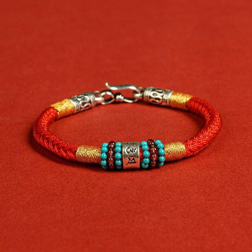 Single red rope Tibetan bracelet with 925 silver six true words ornaments and turquoise beads