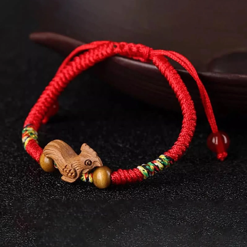 Red string zodiac bracelet natural peach wood carved