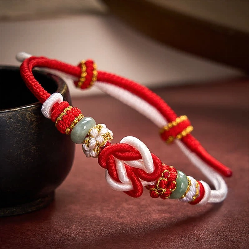 Red white mixed woven bracelet with heart knot and crystal jade beads