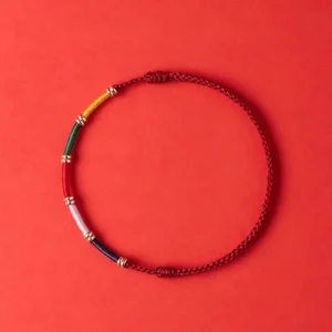 Red Five Color Wind Horse Prayer Flag Bracelet - Handmade with Woven Threads and Gold Metal Spacers