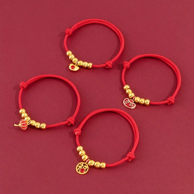 Red woven adjustable pet collar with fu character charm, flat lay product display