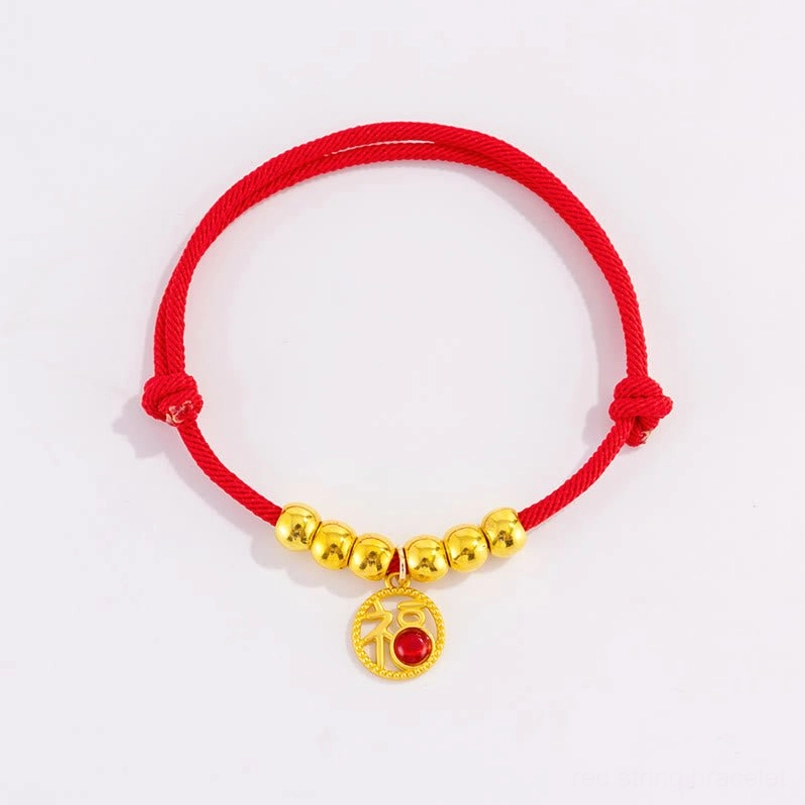 Handmade red woven pet collar with red inlaid fu character charm, front view flat lay showcase