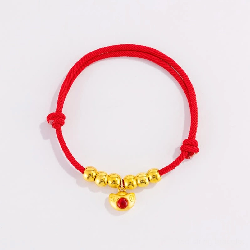 Handmade red woven pet collar with round charm bead, front view flat lay showcase