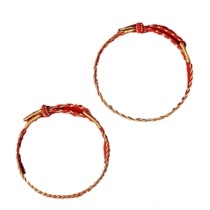 Red and yellow prosperity bracelet paired display showing consistent quality and beautiful woven design