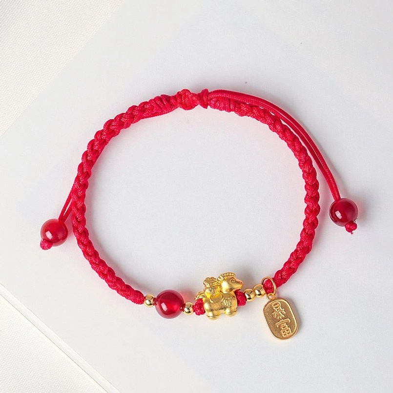 Red woven cord zodiac horse bracelet side view with full charm set