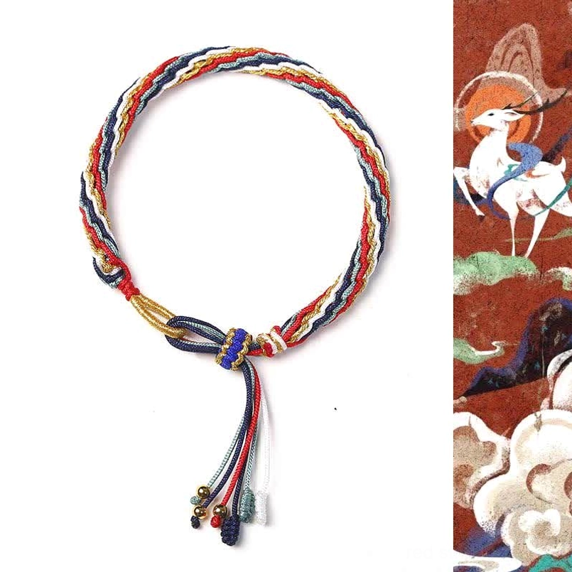 Red gold and blue mixed weave reincarnation knot bracelet with metal bead tassel for fortune and protection