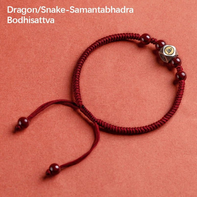Rooster acalanatha zodiac natal buddha red string bracelet close-up detail view