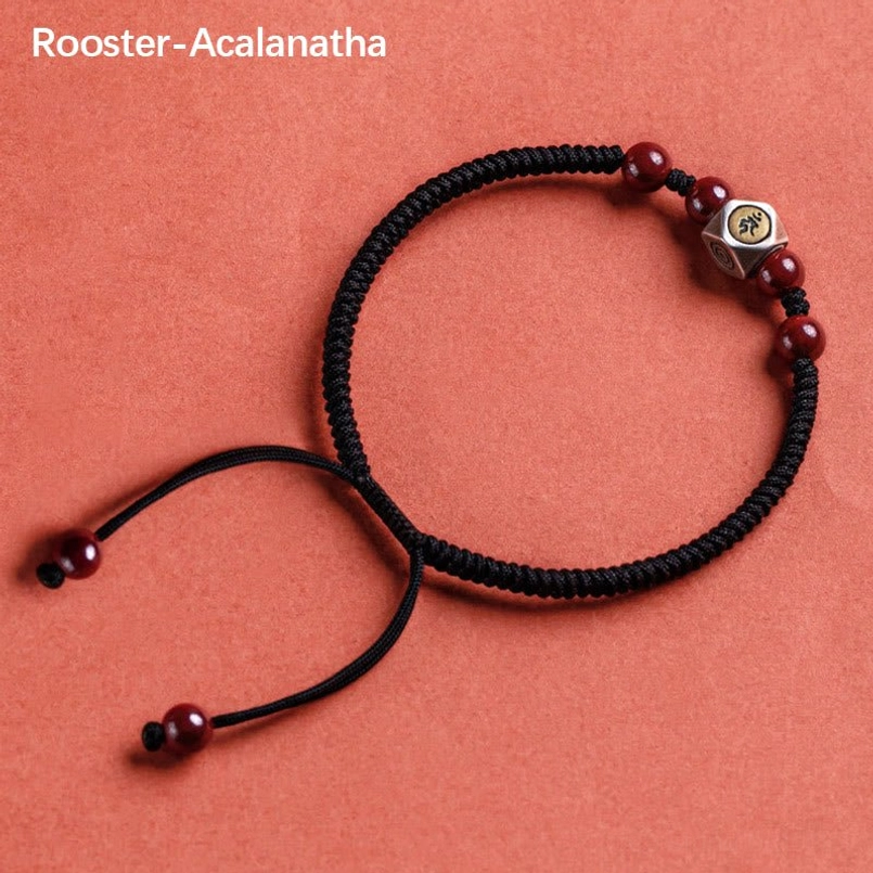 Rooster zodiac natal buddha black string bracelet with acalanatha bodhisattva silver bead