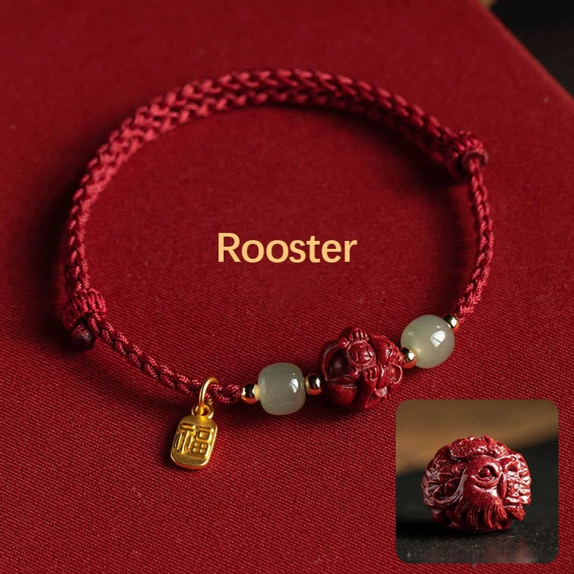 Rooster zodiac cinnabar jade fu luck bracelet - handmade red string design