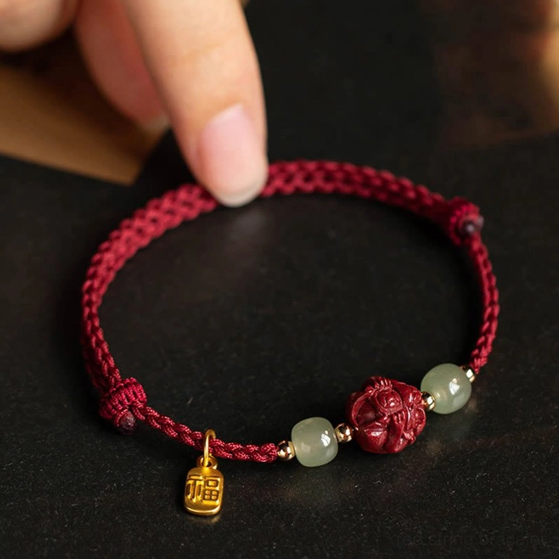 Rooster zodiac cinnabar jade fu luck bracelet with red string - Chinese zodiac design