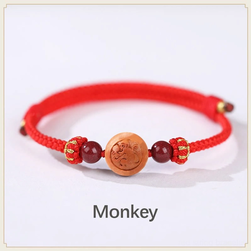 Rooster zodiac peach wood embossed bracelet with red rope setup - courage and honesty talisman