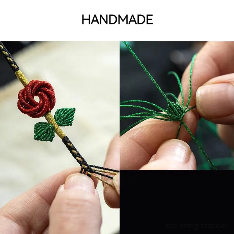 Handmade rose knot bracelet making process with hands weaving red rose and green threads