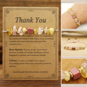 Rose Quartz Citrine Rhodonite healing crystal bracelet with thank you card - top view and wrist wear