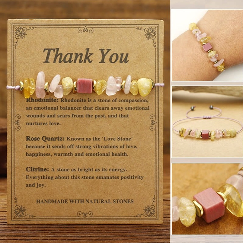 Rose Quartz Citrine Rhodonite healing crystal bracelet with thank you card - top view and wrist wear