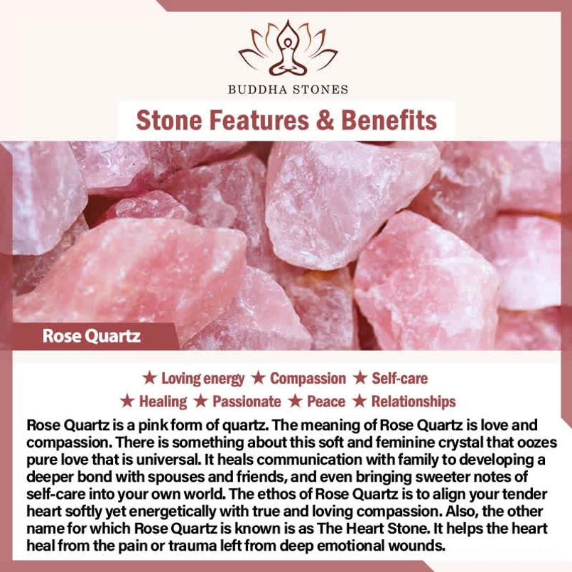 Rose quartz crystal healing benefits marketing graphic with pink stone and wellness information