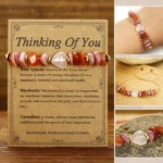 Thinking Of You rose quartz rhodonite carnelian bracelet flat lay with product card