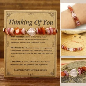 Thinking Of You rose quartz rhodonite carnelian bracelet flat lay with product card