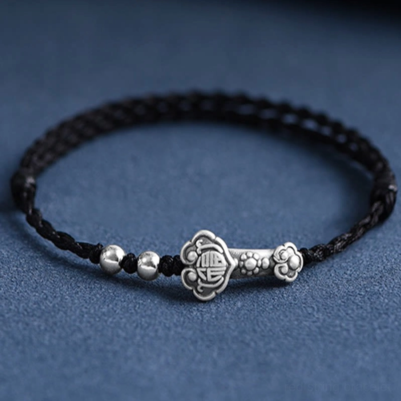 Ruyi Fu Character Sterling Silver Black String Bracelet - Dark Elegant Version