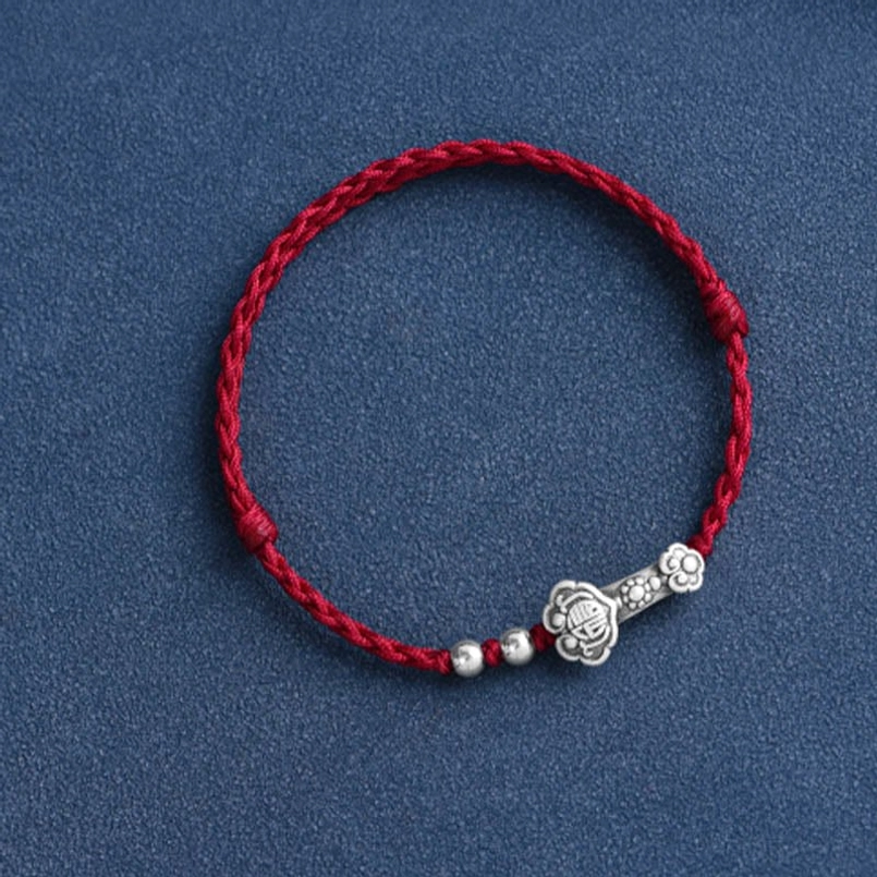 Ruyi Fu Red String Bracelet - Side View with Silver Beads