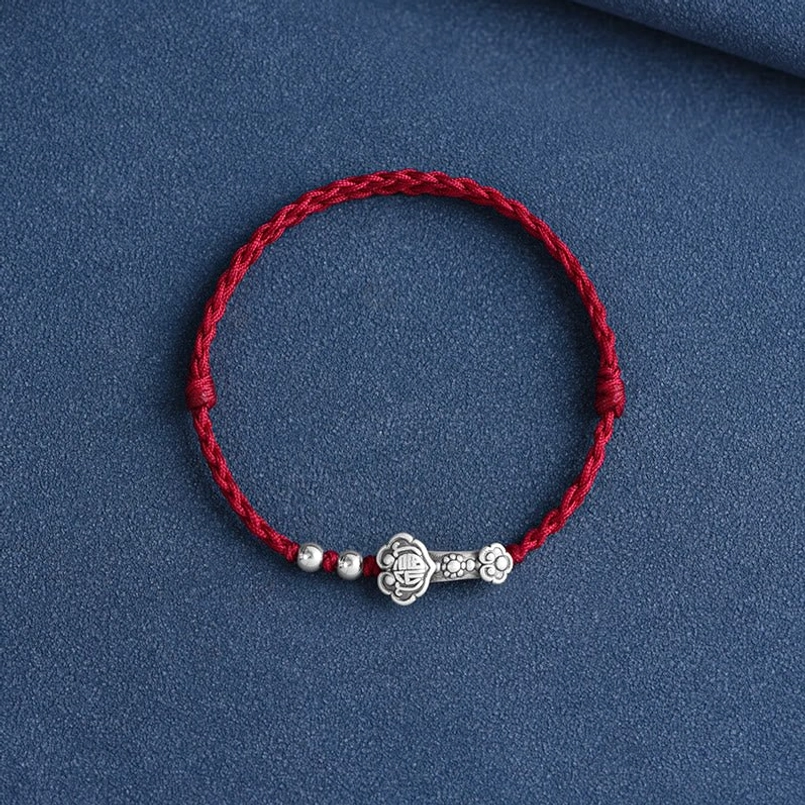 Sterling Silver Ruyi Fu Bracelet - Red Cord with Protective Charm Detail