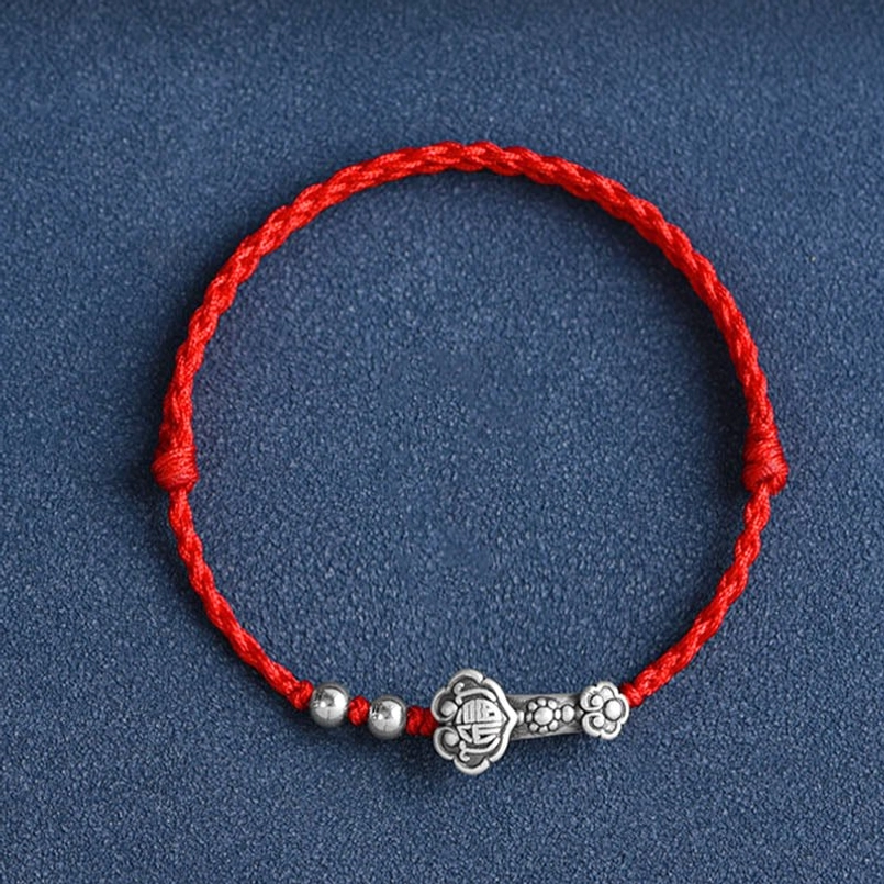 Handmade Ruyi Fu Red String Charm Bracelet - Top Down Product View