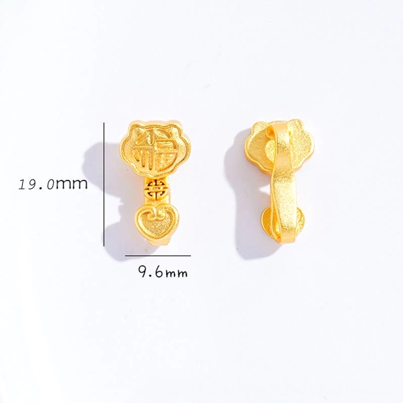 Copper-plated gold Ruyi Fu charm pendants close-up with size measurements 19.0mm x 9.6mm reference